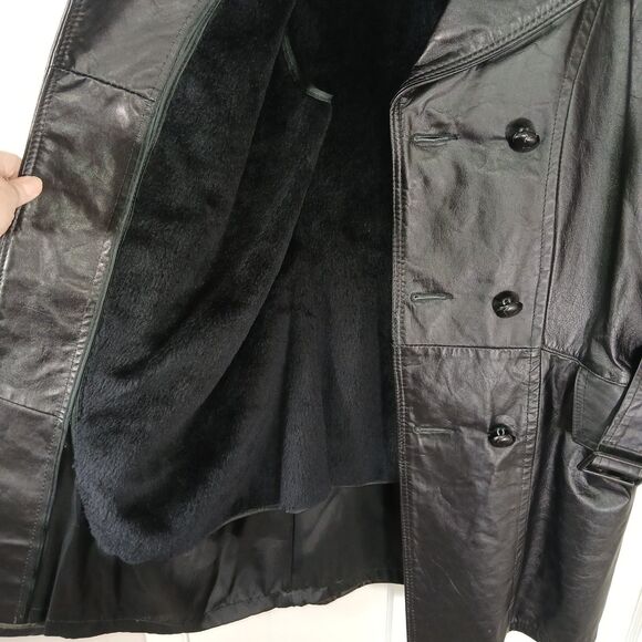 Vintage Mens Sz S Black Leather Trench Coat Removable Faux Fur Lining Old Money - Picture 14 of 16